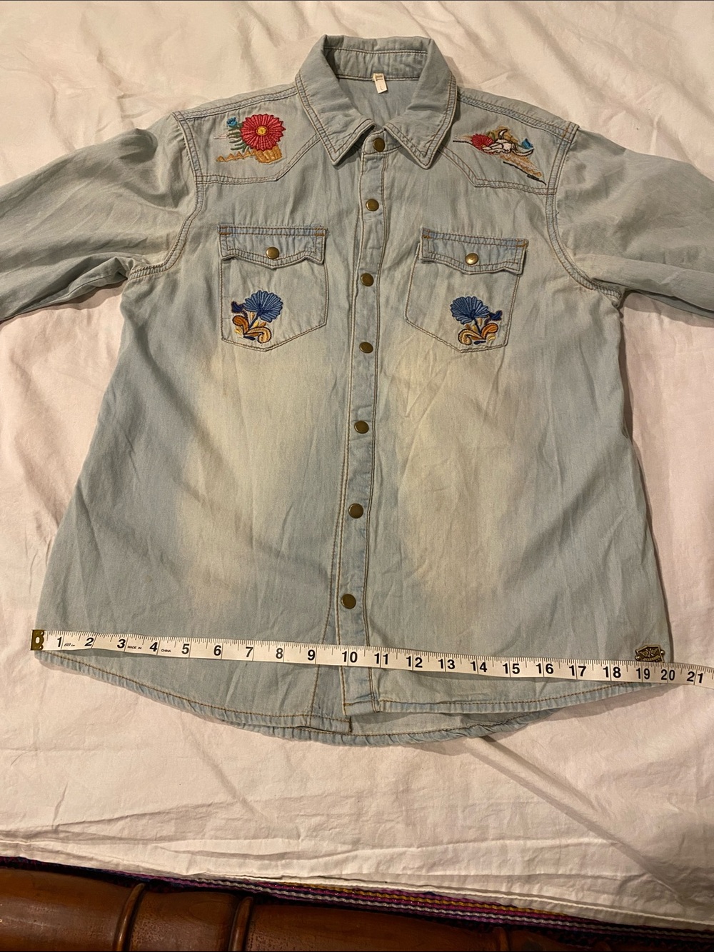 Spell Cactus Rose Light Wash Denim Button-Down Shirt with Floral Embroidery - Picture 8 of 10